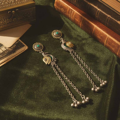 Peacock Motif Dual Tone Long Chain Kashmiri German Silver Statement Earrings