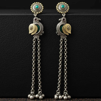 Peacock Motif Dual Tone Long Chain Kashmiri German Silver Statement Earrings