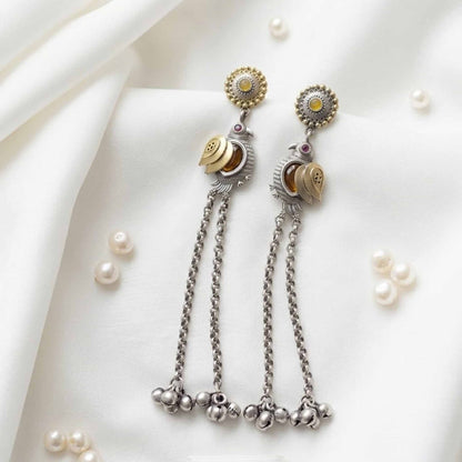 Peacock Motif Dual Tone Long Chain Kashmiri German Silver Statement Earrings