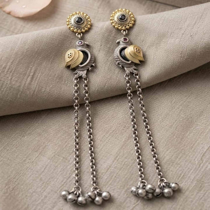 Peacock Motif Dual Tone Long Chain Kashmiri German Silver Statement Earrings