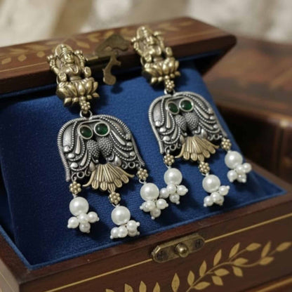 Lakshmi Owl Design Dual Tone Statement Earrings with Pearl Drops