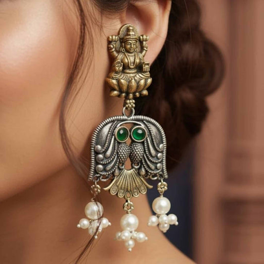 Lakshmi Owl Design Dual Tone Statement Earrings with Pearl Drops