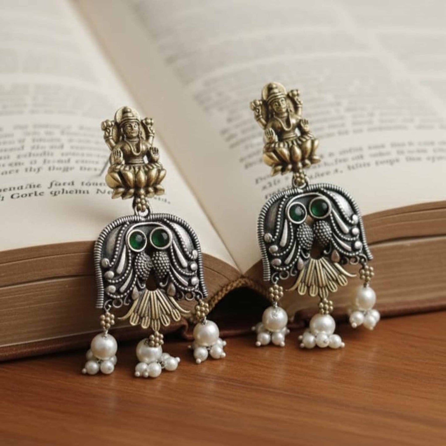 Lakshmi Owl Design Dual Tone Statement Earrings with Pearl Drops
