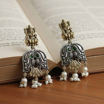 Lakshmi Owl Design Dual Tone Statement Earrings with Pearl Drops