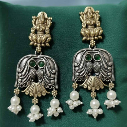 Lakshmi Owl Design Dual Tone Statement Earrings with Pearl Drops