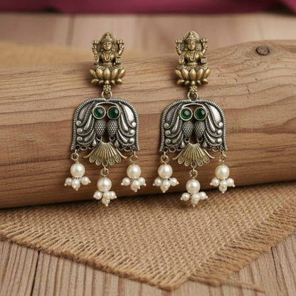 Lakshmi Owl Design Dual Tone Statement Earrings with Pearl Drops