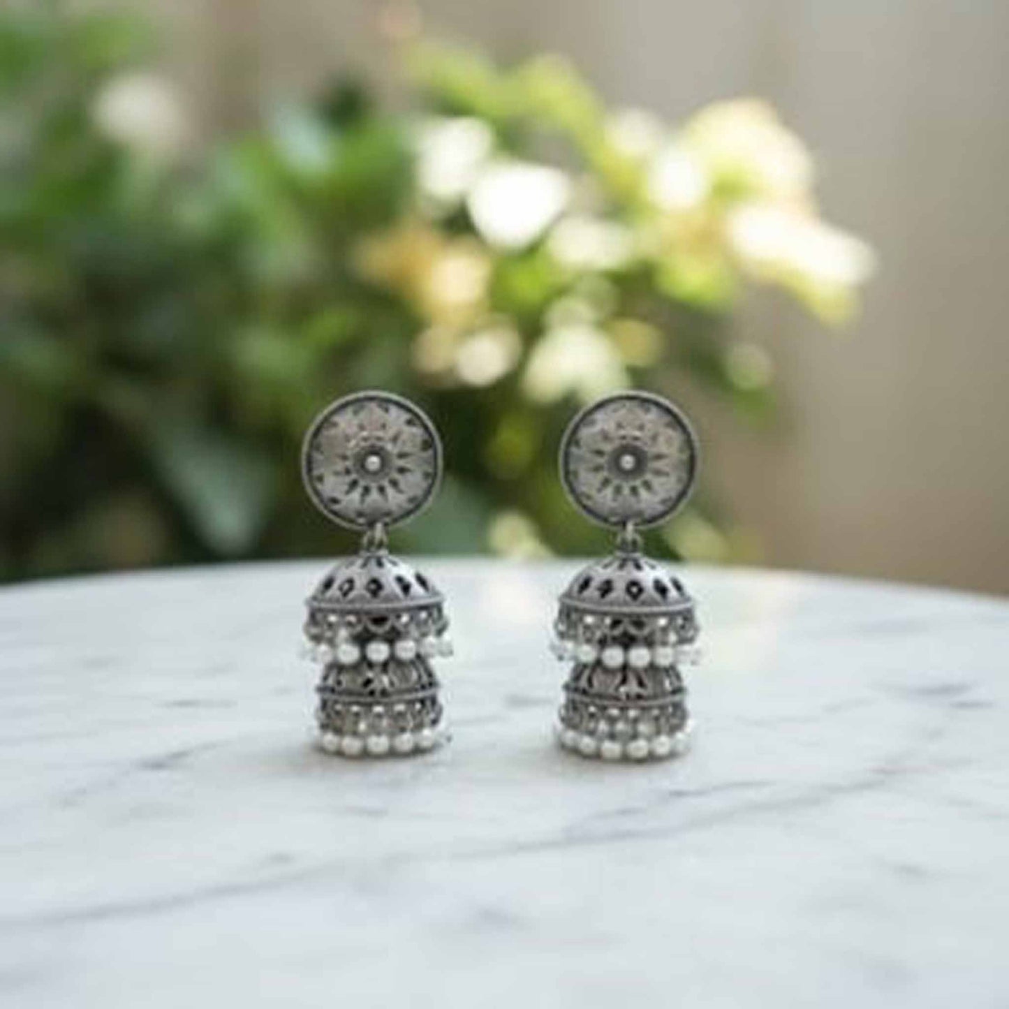 Mandala Sunburst German Silver Double Layer Jhumka Earrings with Pearl Drops