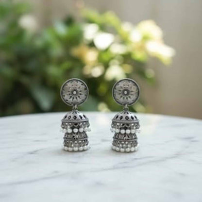 Mandala Sunburst German Silver Double Layer Jhumka Earrings with Pearl Drops
