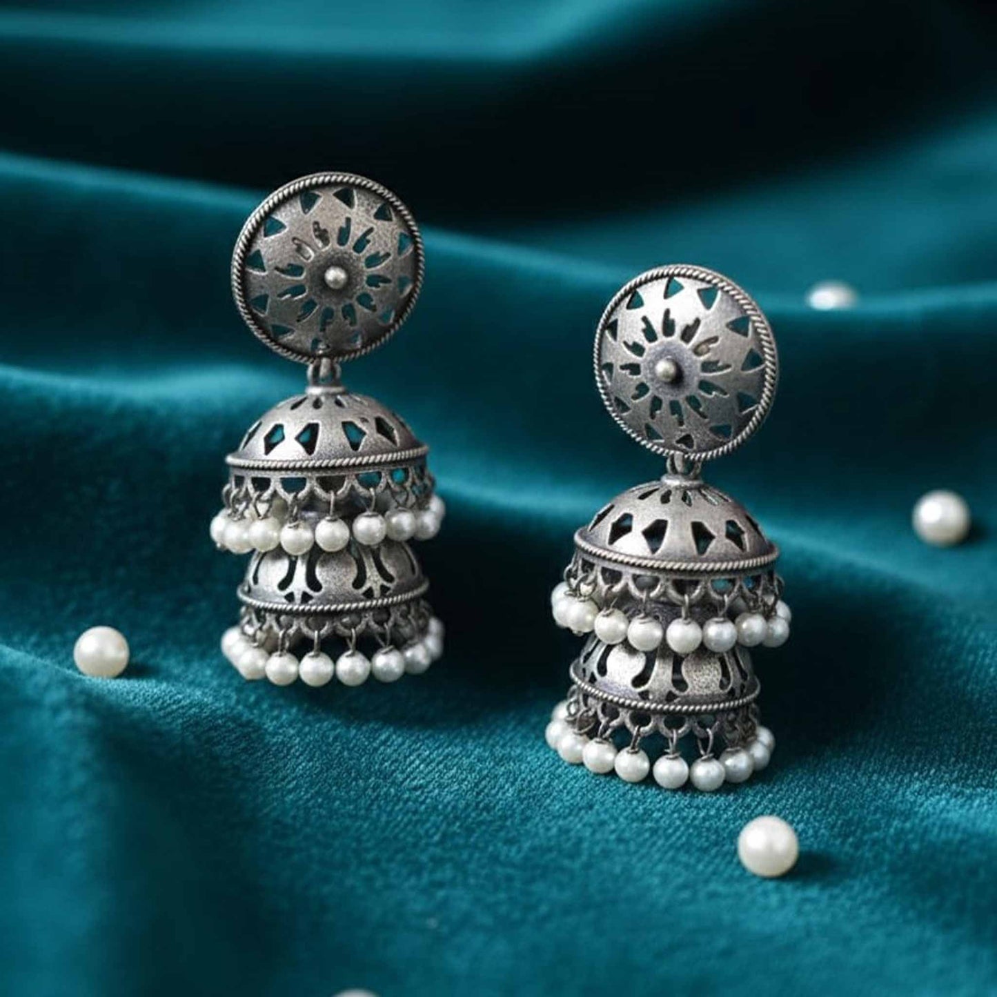 Mandala Sunburst German Silver Double Layer Jhumka Earrings with Pearl Drops