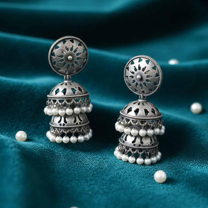 Mandala Sunburst German Silver Double Layer Jhumka Earrings with Pearl Drops