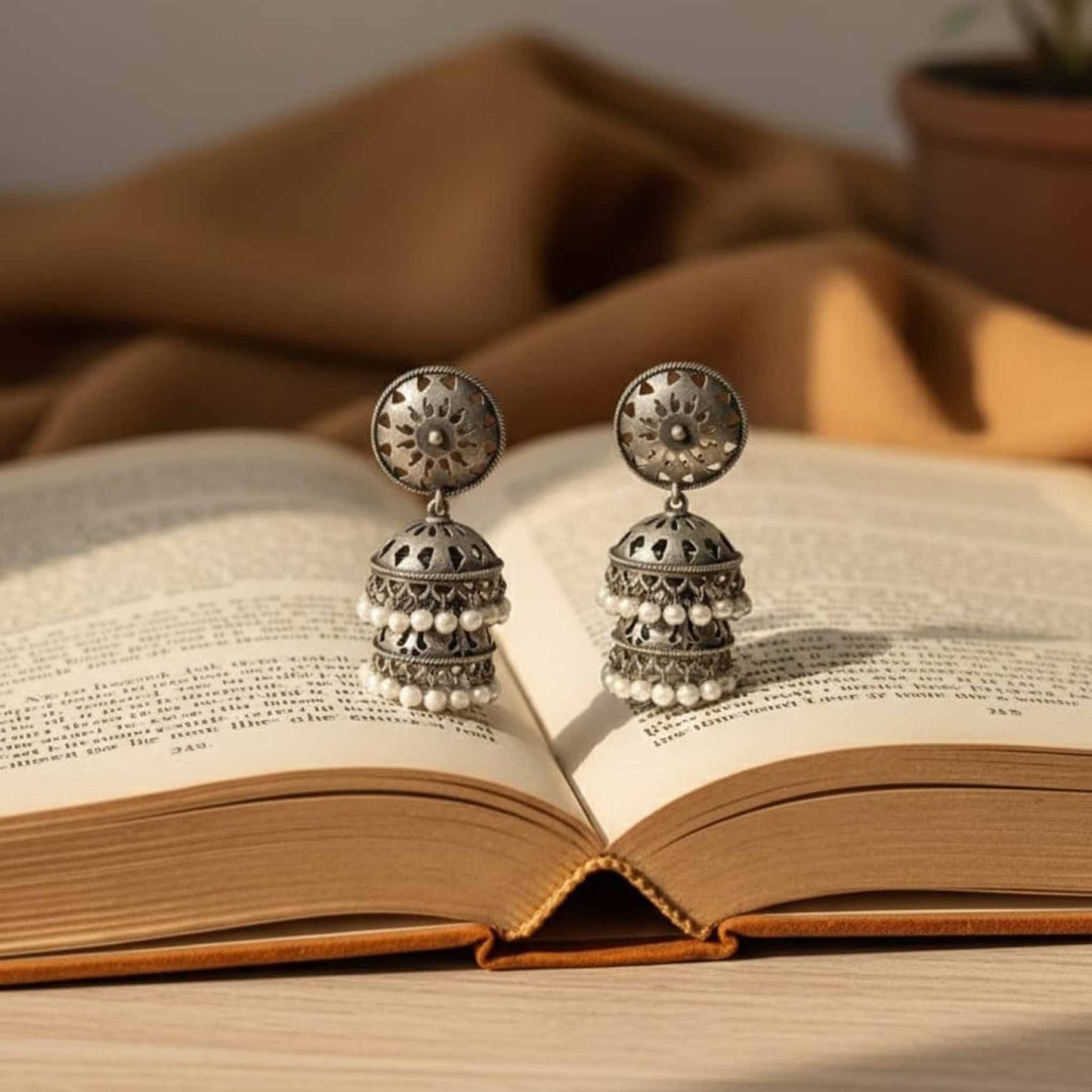 Mandala Sunburst German Silver Double Layer Jhumka Earrings with Pearl Drops