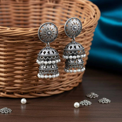 Mandala Sunburst German Silver Double Layer Jhumka Earrings with Pearl Drops