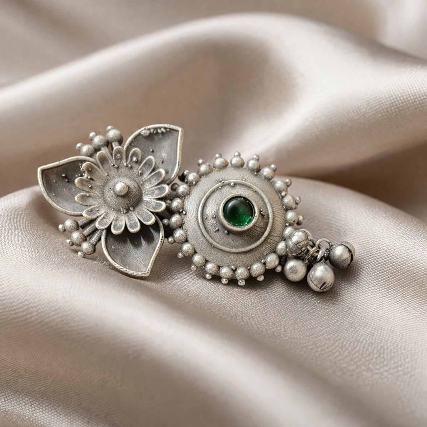 Floral Green Stone German Silver Statement Ring for Women