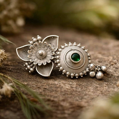 Floral Green Stone German Silver Statement Ring for Women