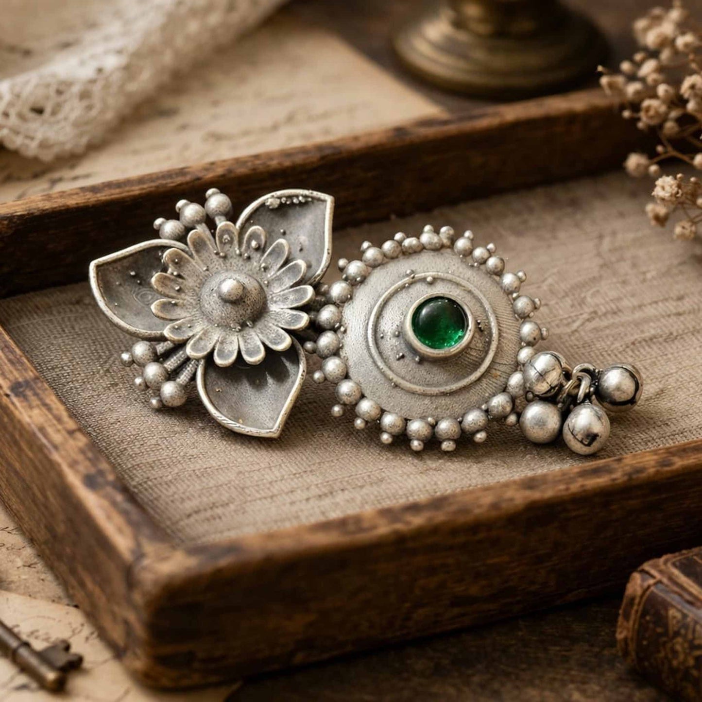 Floral Green Stone German Silver Statement Ring for Women