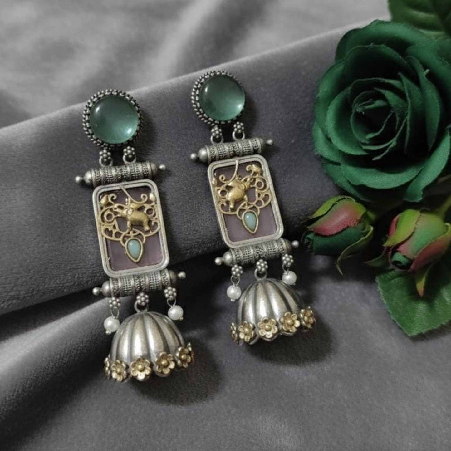 Royal Elephant Motif Temple Jhumka Earrings with Green Stone