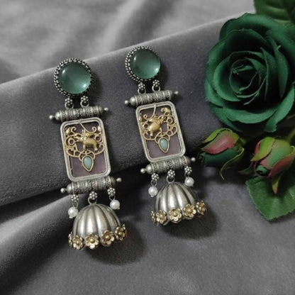 Royal Elephant Motif Temple Jhumka Earrings with Green Stone