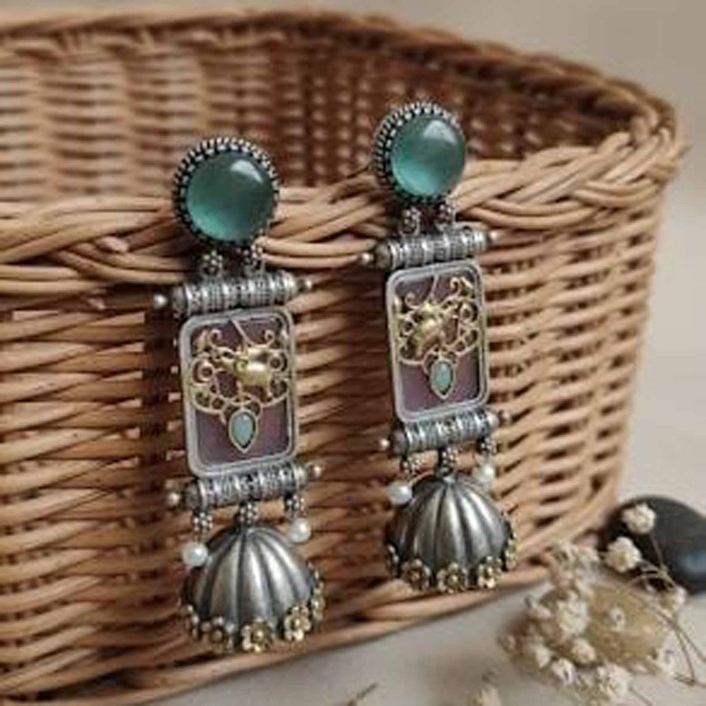 Royal Elephant Motif Temple Jhumka Earrings with Green Stone