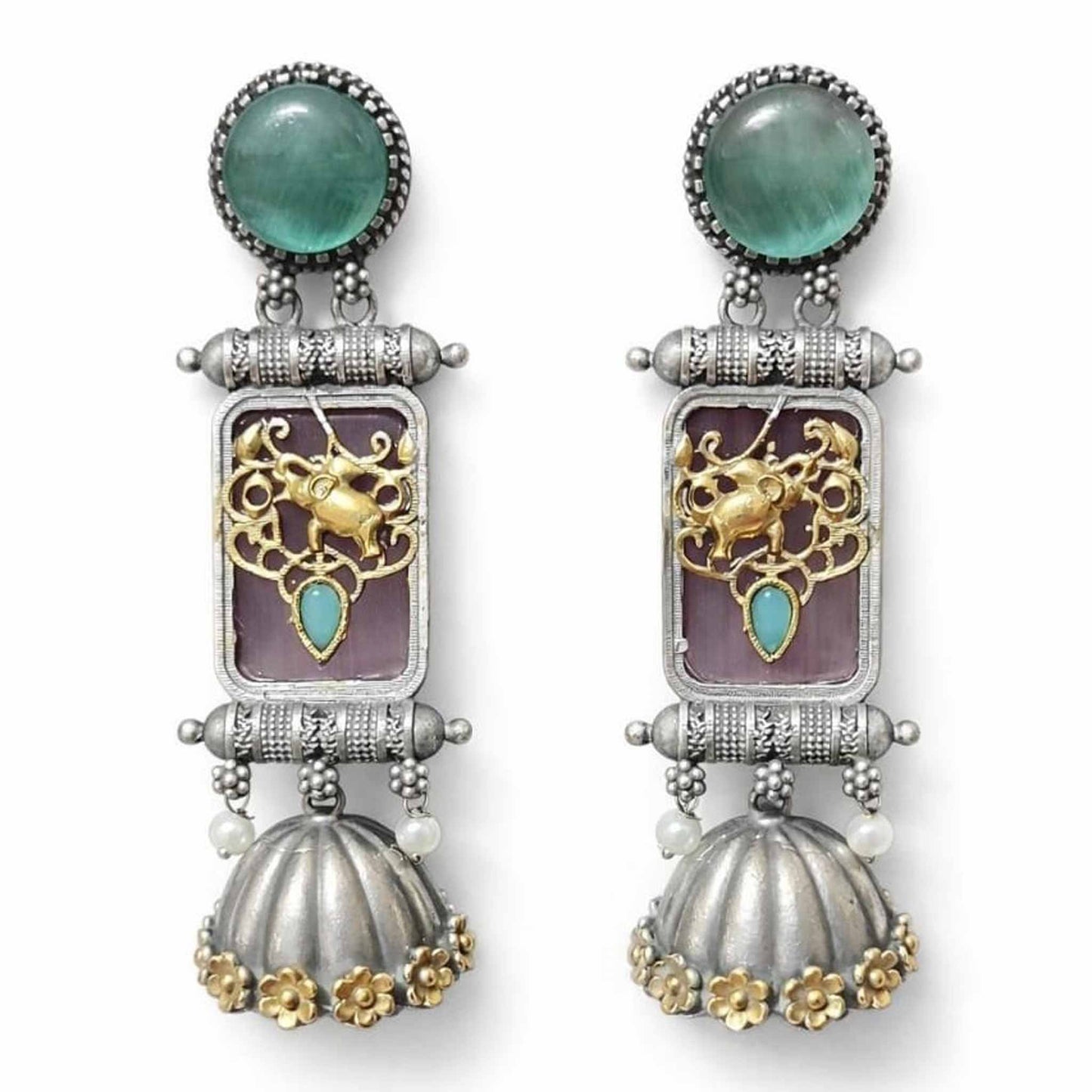 Royal Elephant Motif Temple Jhumka Earrings with Green Stone