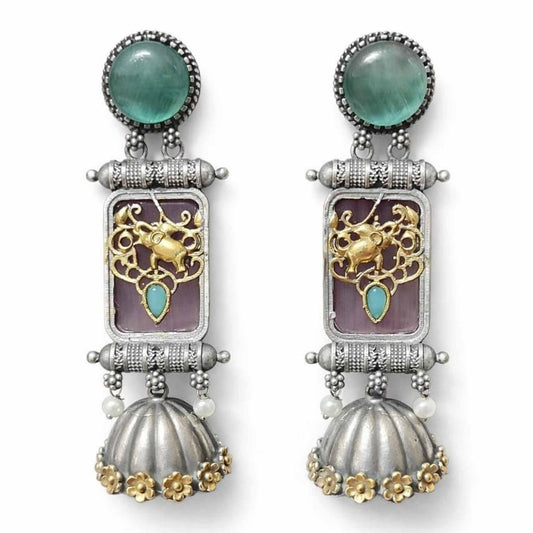 Royal Elephant Motif Temple Jhumka Earrings with Green Stone