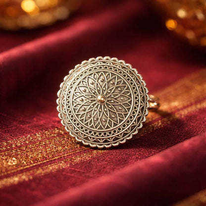 Mandala Floral Antique Finish Statement Ring for Women