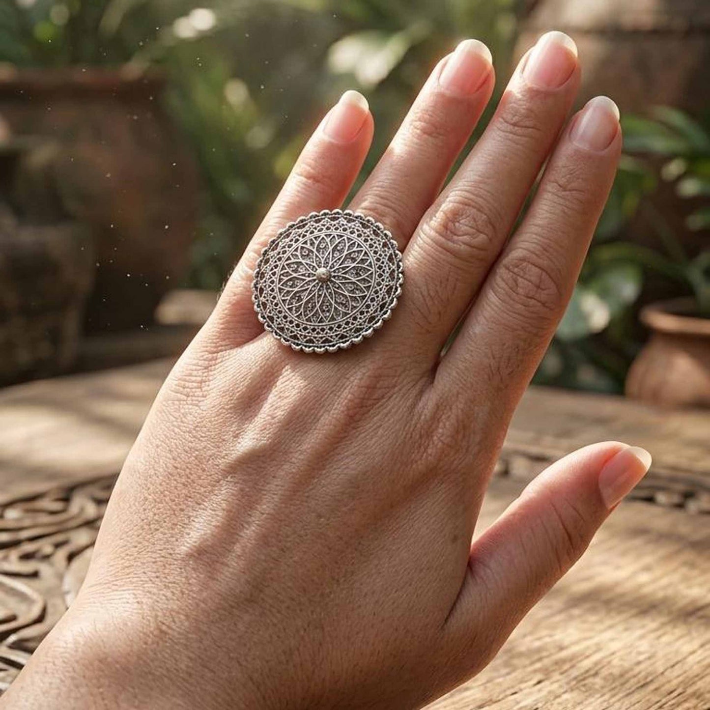 Mandala Floral Antique Finish Statement Ring for Women