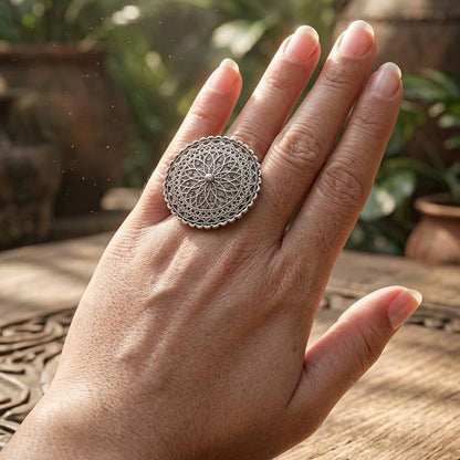 Mandala Floral Antique Finish Statement Ring for Women