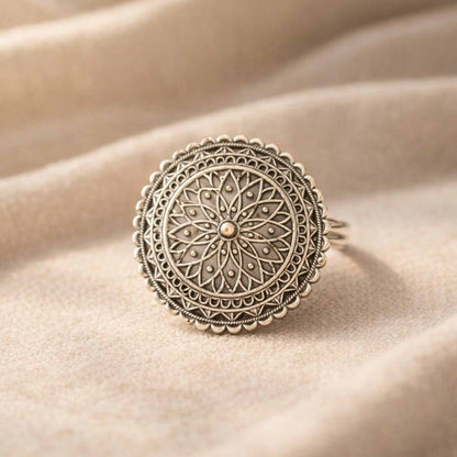 Mandala Floral Antique Finish Statement Ring for Women