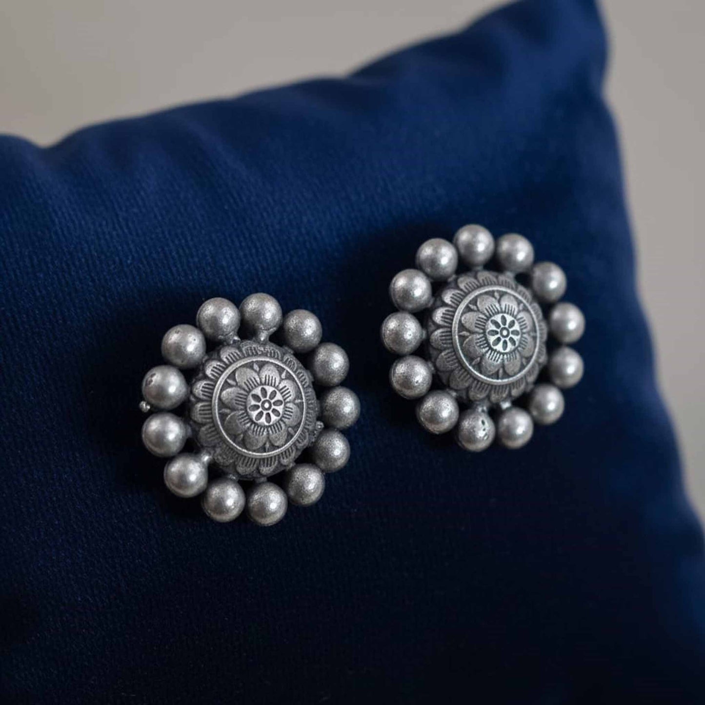 German Silver Floral Stud Earrings – Traditional Mandala Design