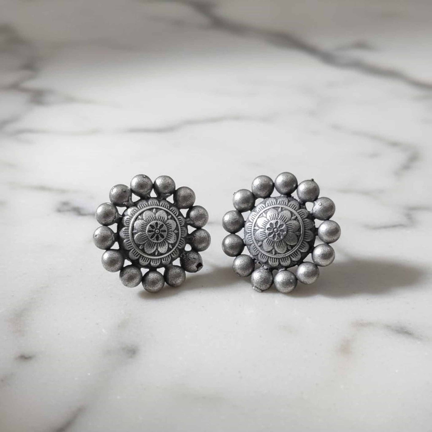 German Silver Floral Stud Earrings – Traditional Mandala Design