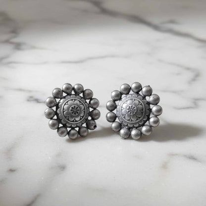 German Silver Floral Stud Earrings – Traditional Mandala Design