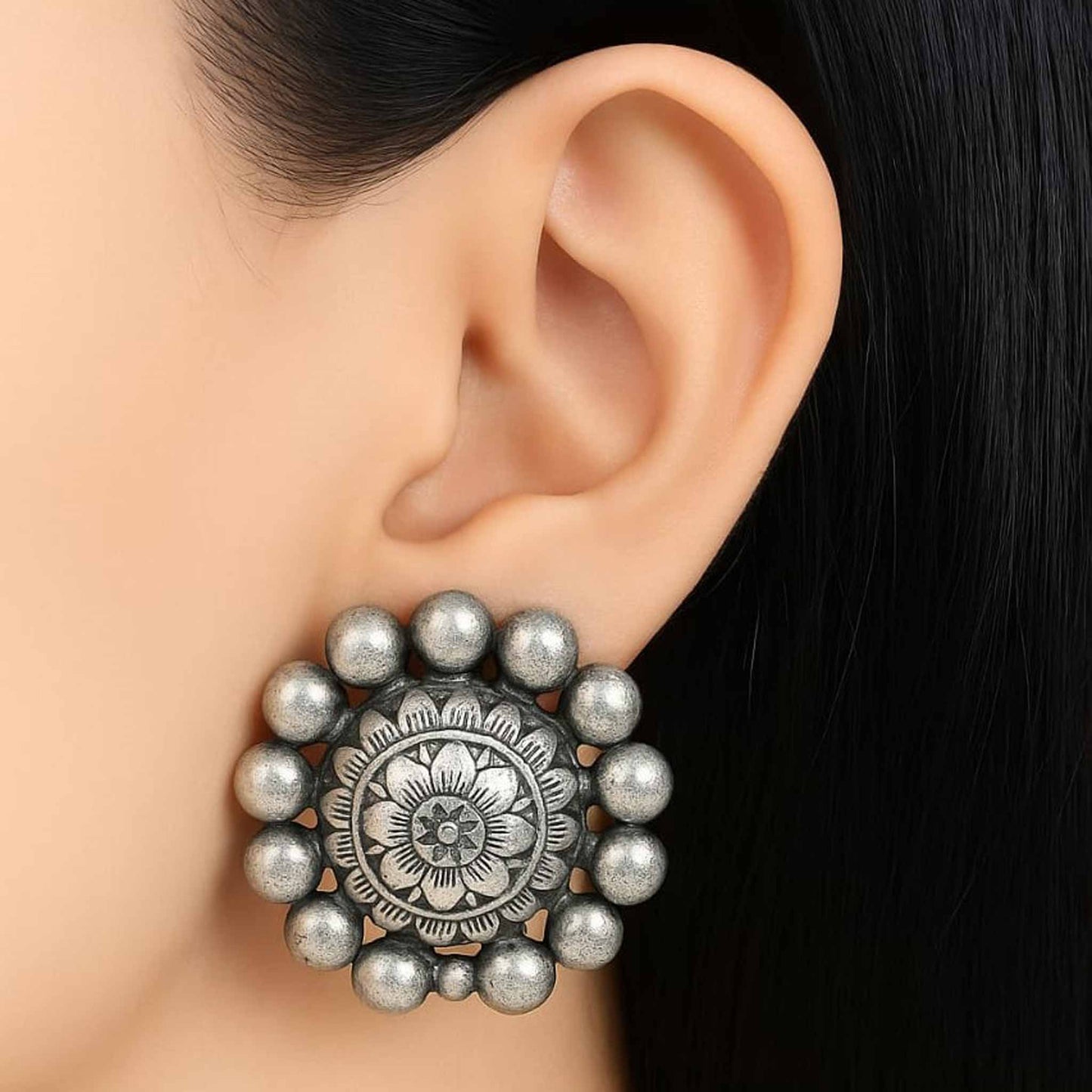 German Silver Floral Stud Earrings – Traditional Mandala Design
