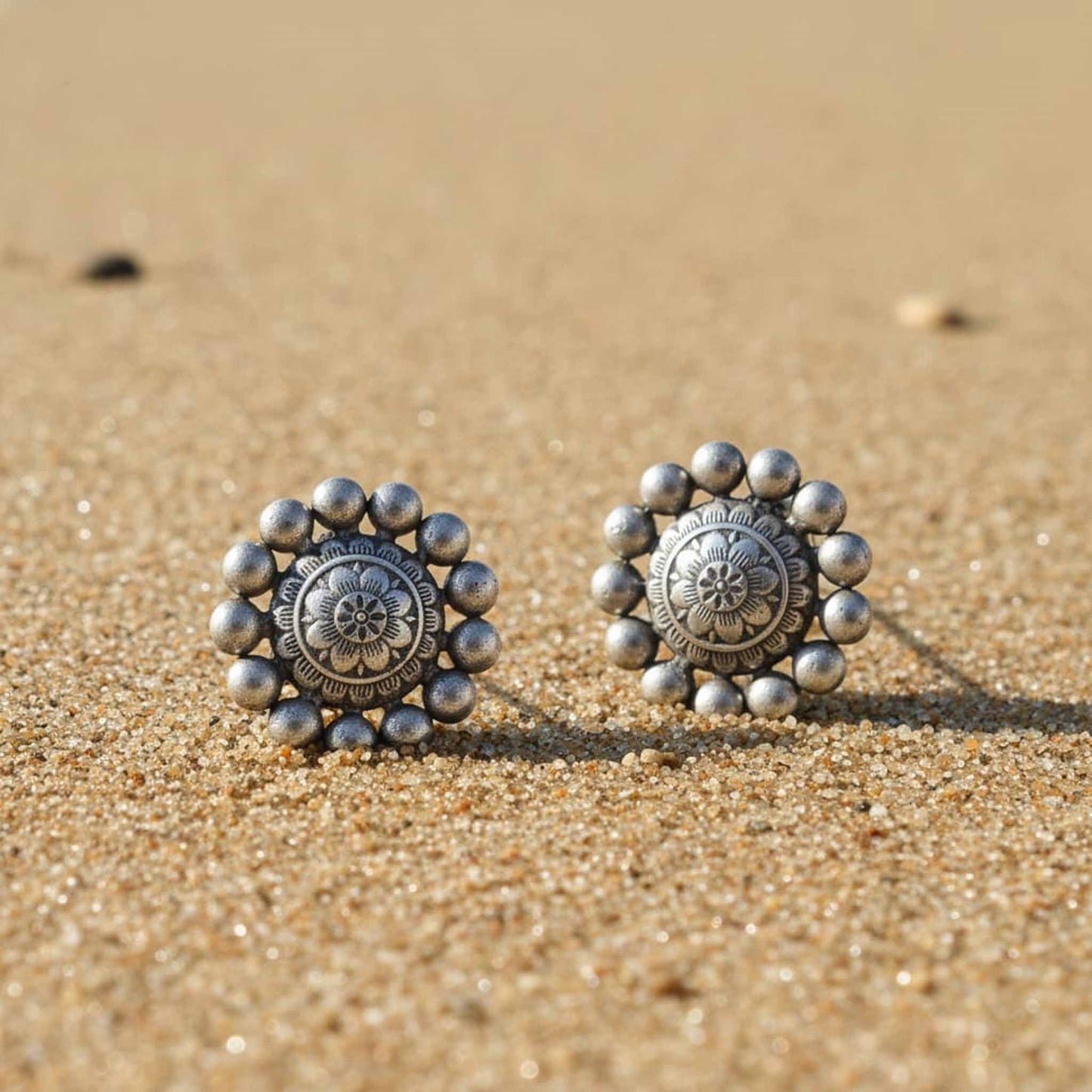 German Silver Floral Stud Earrings – Traditional Mandala Design