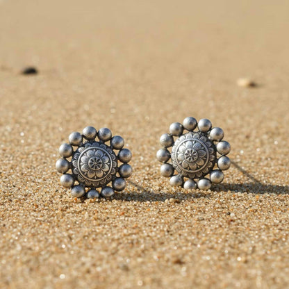 German Silver Floral Stud Earrings – Traditional Mandala Design
