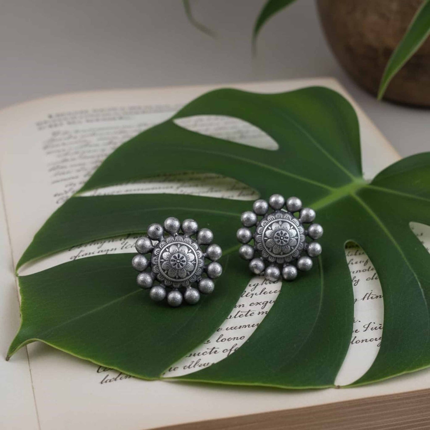 German Silver Floral Stud Earrings – Traditional Mandala Design