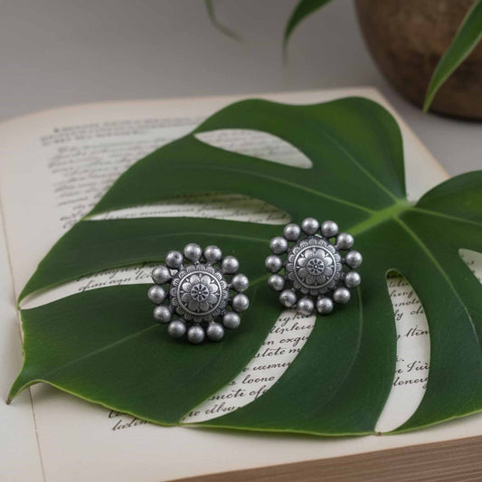 German Silver Floral Stud Earrings – Traditional Mandala Design