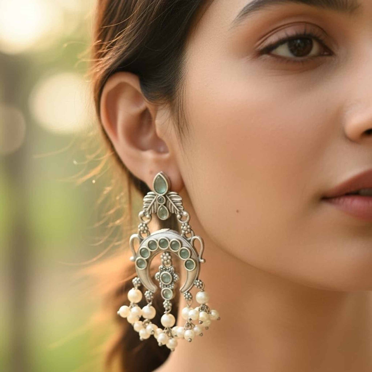 German Silver Pearl Drop Chandbali Earrings