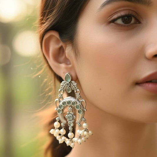 German Silver Pearl Drop Chandbali Earrings
