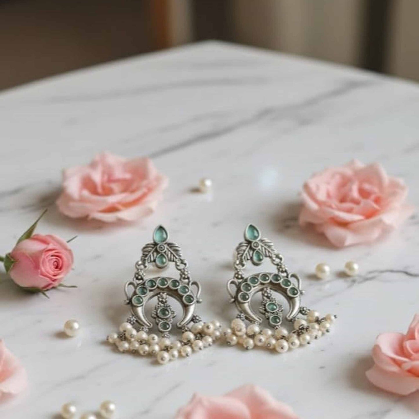 German Silver Pearl Drop Chandbali Earrings