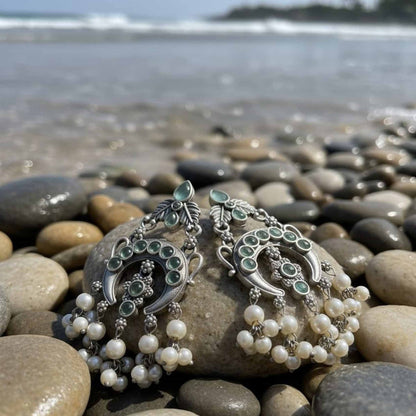 German Silver Pearl Drop Chandbali Earrings