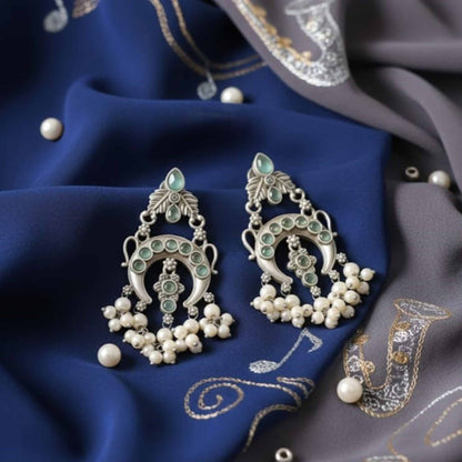 German Silver Pearl Drop Chandbali Earrings