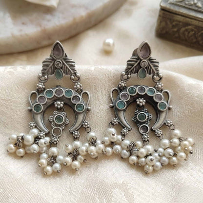 German Silver Pearl Drop Chandbali Earrings