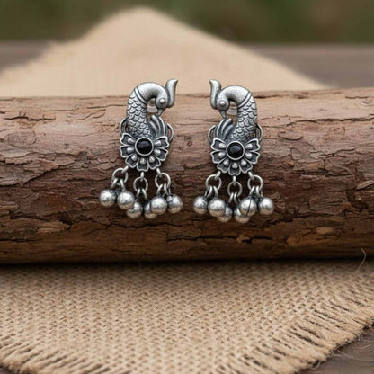Peacock Floral German Silver Dangle Earrings with Ghungroo Drops