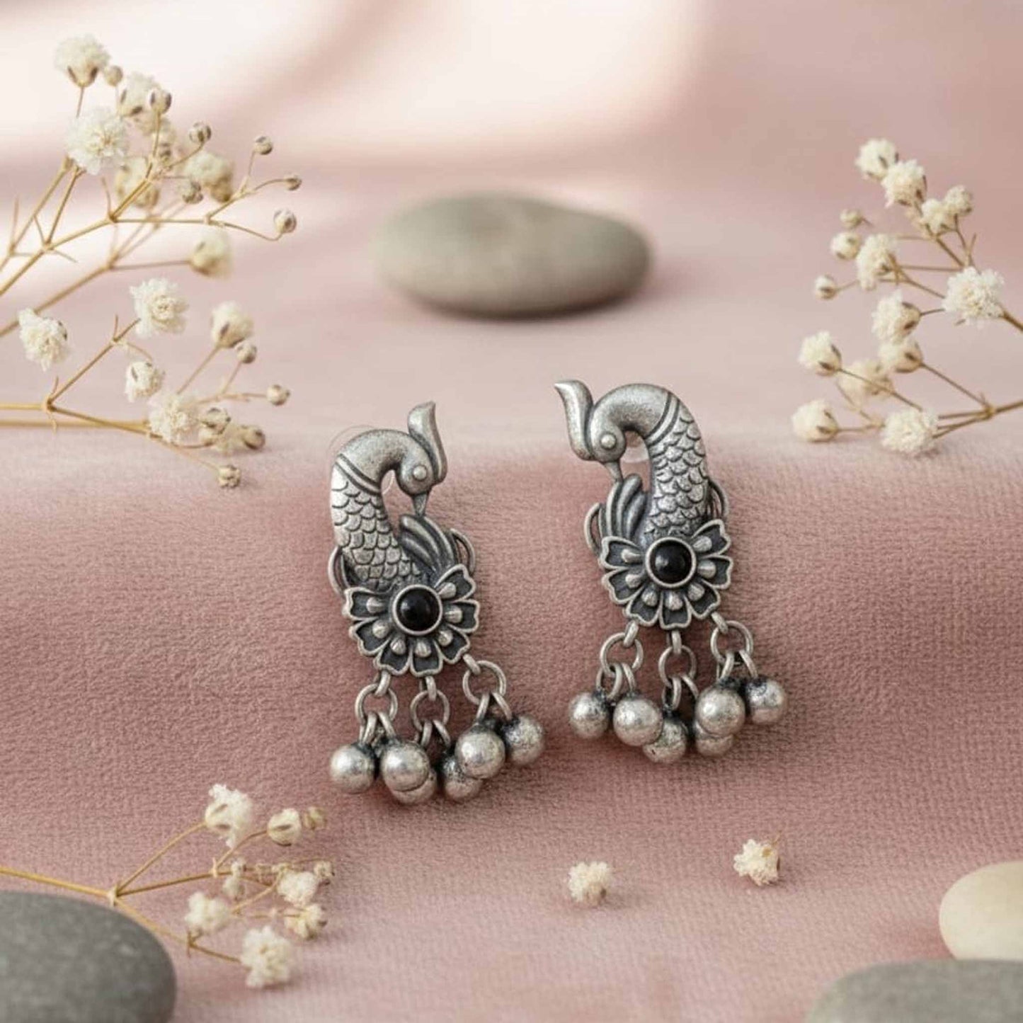Peacock Floral German Silver Dangle Earrings with Ghungroo Drops