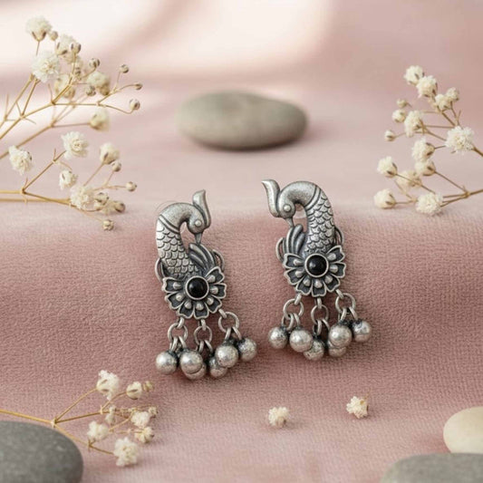 Peacock Floral German Silver Dangle Earrings with Ghungroo Drops