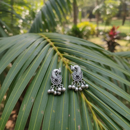 Peacock Floral German Silver Dangle Earrings with Ghungroo Drops