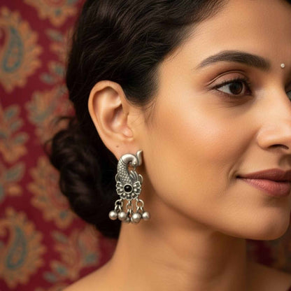 Peacock Floral German Silver Dangle Earrings with Ghungroo Drops