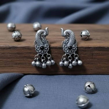 Peacock Floral German Silver Dangle Earrings with Ghungroo Drops
