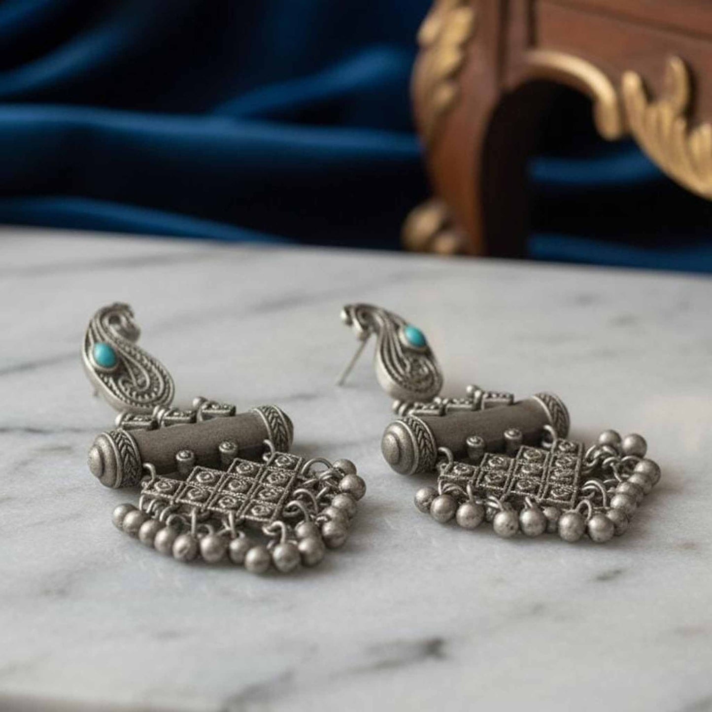 Paisley Motif Oxidised Statement Drop Earrings with Beaded Fringe