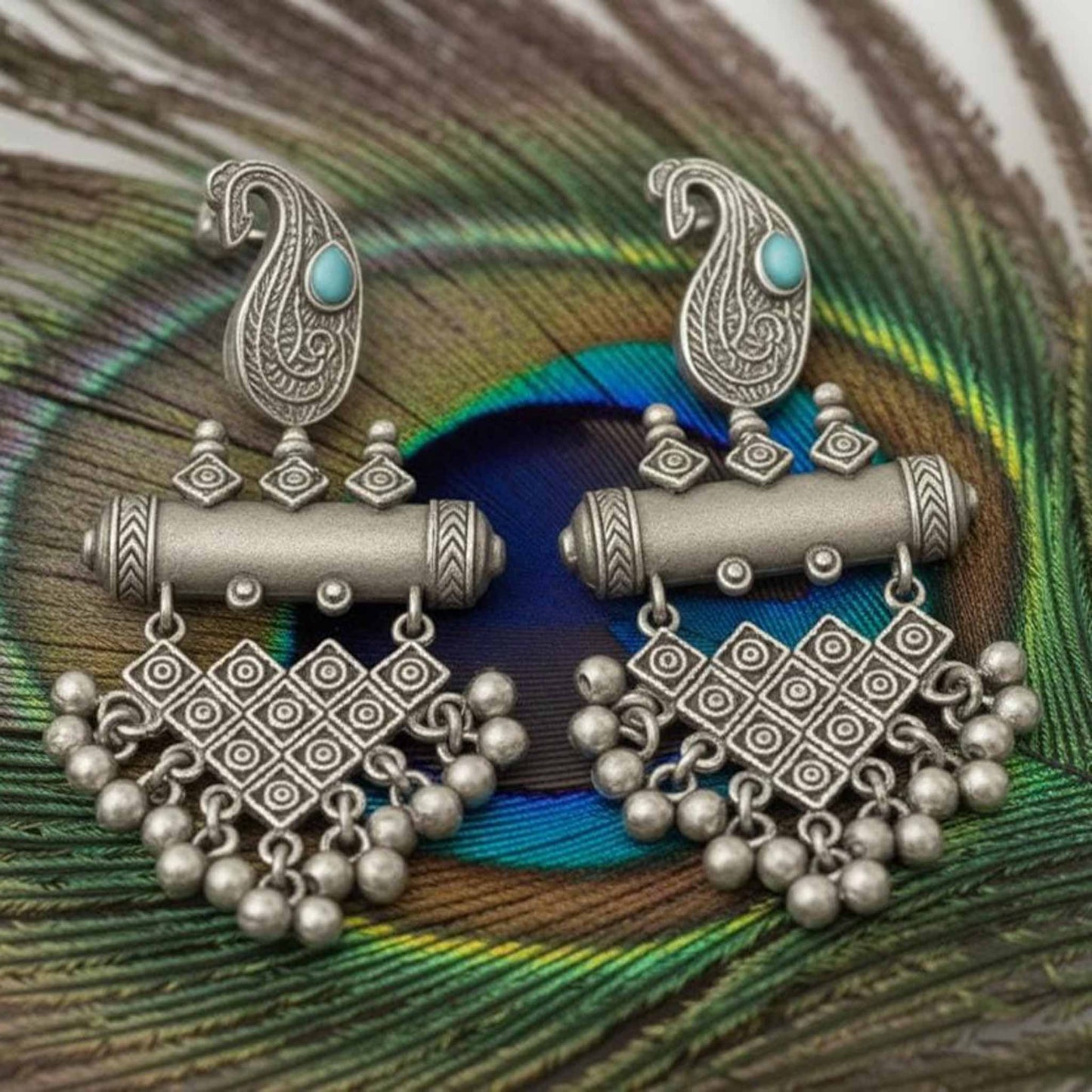 Paisley Motif Oxidised Statement Drop Earrings with Beaded Fringe
